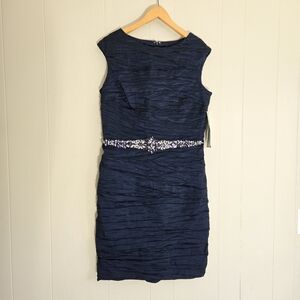 Jackie Jon Nwt Sheath Dress Ruched Rhinestone Waist Special Occasion Blue 16